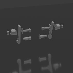 Puede incluir: Un conjunto de componentes de ferretería metálicos grises, que incluyen pernos, tuercas y soportes. Las piezas están dispuestas simétricamente, lo que sugiere un tema mecánico o de construcción. La imagen es una toma de estudio con un fondo neutro.
