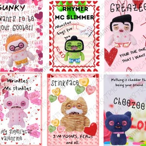 May include: A collection of Valentine's Day cards featuring quirky plush characters. Each card has a unique design with phrases like "Gunky wants to be your goober!" and "Be my smellycat valentine."