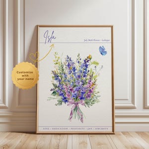 Custom July birth flower print, personalized digital wall print, July birth flower gift, birth month flower gift, July birth flower bouquet