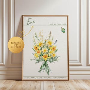 Custom March birth flower print, personalized digital wall art print, March birth flower gift, birth month flower gift, March flower bouquet