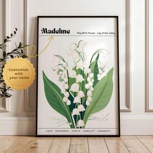 Custom May birth flower print, personalized digital wall art print, May birth flower gift, May birth month flower, Lily of the valley flower