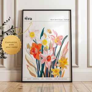 Custom March birth flower print, personalized digital wall art print, March birth flower gift, birth month flower, March Daffodil flowers
