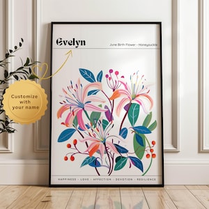 Custom June birth flower print, personalized digital wall art print, June birth flower gift, June birth month flower, Honeysuckle flower