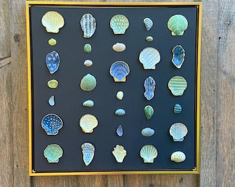 Hand-Painted Seashell Art: Coastal Navy Blue Canvas|Gold Floating Frame| Dover Designs Original