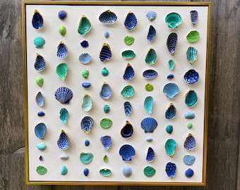 Hand Painted Seashell Wall Art: Gold Floating Frame|Coastal Decor 30"x30"| Dover Designs Original