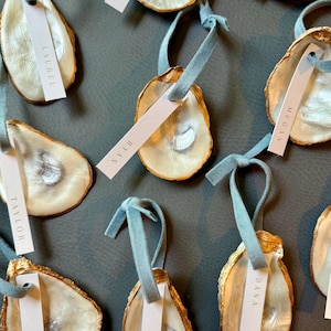 May include: Several oyster shells with gold-painted edges and attached light blue ribbons. Each shell holds a small white tag with a name printed on it. The shells are arranged on a dark gray surface, suggesting a decorative or event-related theme.