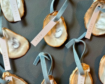 Hand Painted and Decoupage Oyster Shell Ornament: Personalized Ornaments, Coastal Chic Decor, Velvet Ribbon