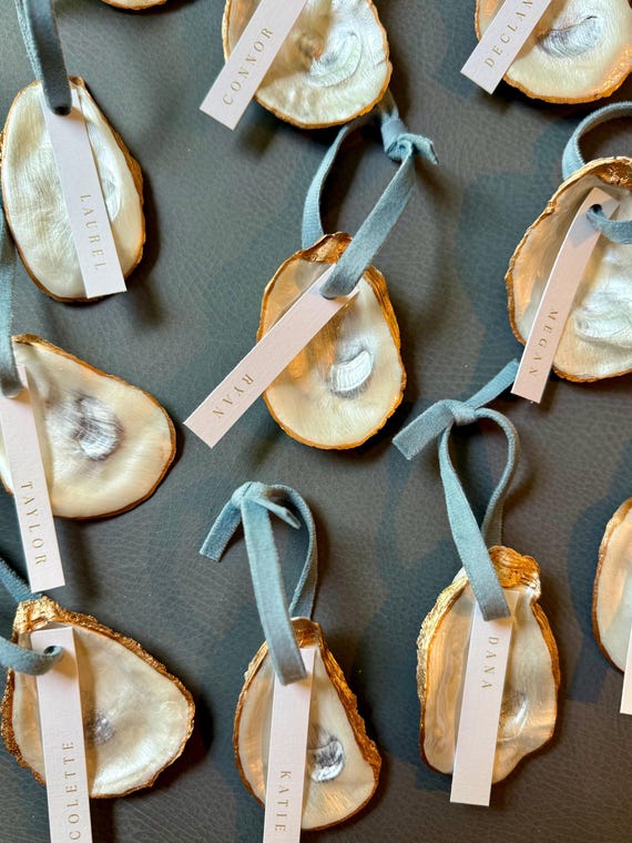 Hand Painted and Decoupage Oyster Shell Ornament: Personalized Ornaments, Coastal Chic Decor, Velvet Ribbon