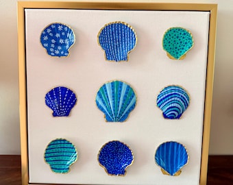 Hand Painted Seashells- Replica of Sold Piece| Coastal Decor|Gold Floating Frame| Dover Designs Original