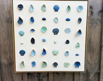 Hand Painted Seashell Wall Art: Gold Floating Frame|Coastal Decor 30"x30"| Dover Designs Original