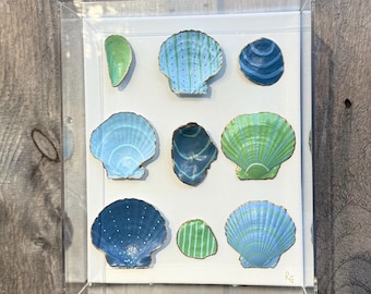 Hand Painted Seashells- Emerald Tide| Framed In Acrylic Shadowbox-Coastal Decor| Dover Designs Original