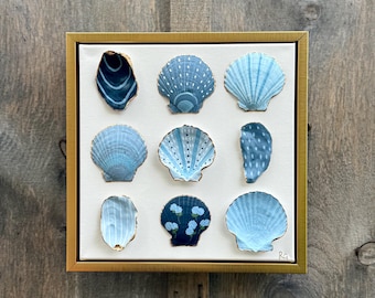 Hand Painted Seashells- Replica of Sold Piece| Coastal Decor|Gold Floating Frame| Dover Designs Original
