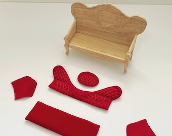 1:12 Miniature Dollhouse DIY Unpainted Solid Wood Butterfly Upholstery Couch; 1/12 Scale Dollhouse Diorama Sofa