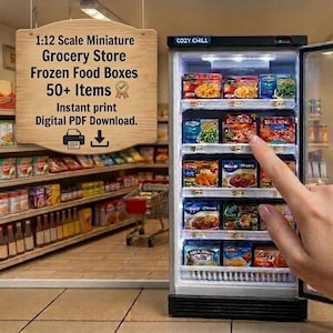 May include: A detailed miniature grocery store diorama. The scene includes a fridge stocked with frozen food boxes. A sign indicates "1:12 Scale Miniature Grocery Store Frozen Food Boxes 50+ Items." Shelves display groceries and produce.