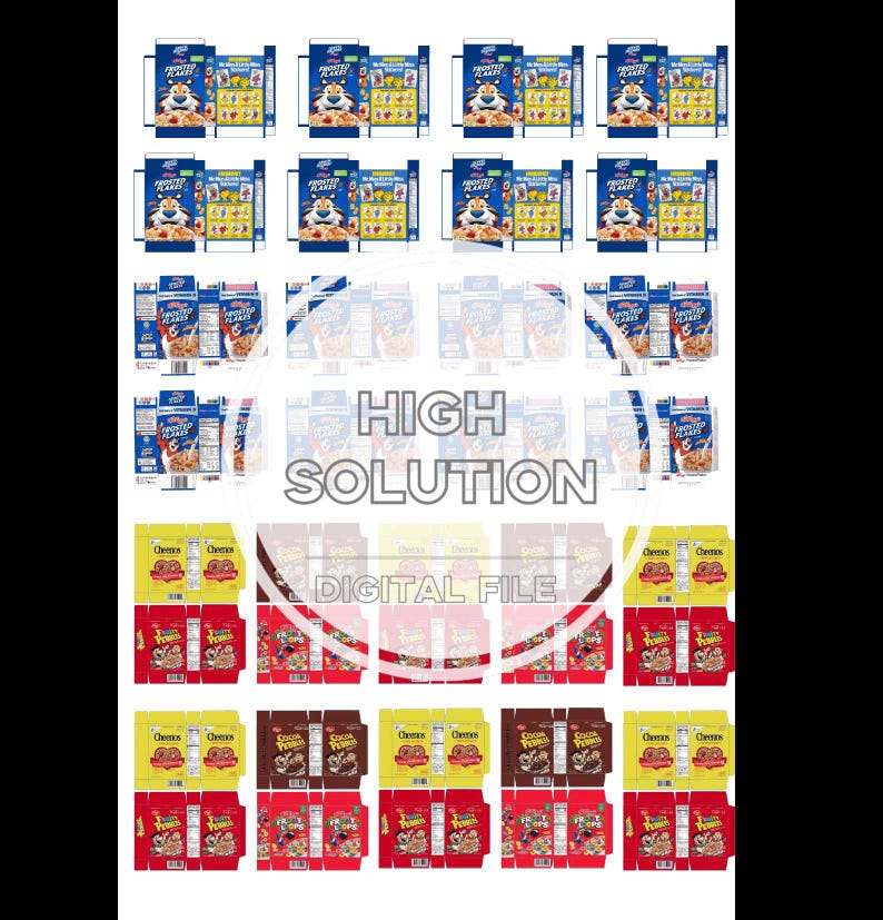 Puede incluir: Una colecci&oacute;n de cajas de cereales en miniatura, incluyendo Frosted Flakes, Cheerios, Cocoa Puffs y Trix. Las cajas est&aacute;n dispuestas en filas y columnas, con el texto "HIGH SOLUTION DIGITAL FILE" superpuesto en la imagen.