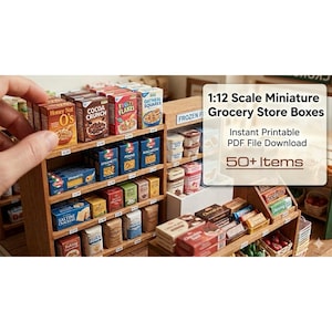 May include: A miniature grocery store display with shelves stocked with tiny boxes of cereal, pasta, and other food items. The display includes the text "1:12 Scale Miniature Grocery Store Boxes" and "50+ Items."