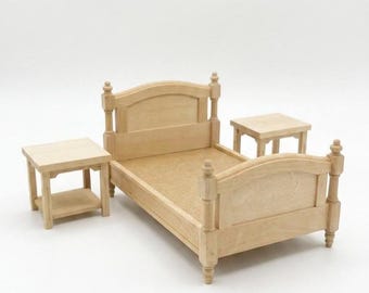Domek dla lalek w skali 1:12, miniatura, niepomalowane łóżko, szafki nocne, niedokończony domek dla lalek, meble do sypialni