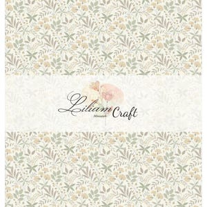 Puede incluir: Un patrón repetitivo de pequeñas flores amarillas y hojas verde salvia sobre un fondo crema. Una banda horizontal blanca central presenta una ilustración floral en acuarela y el texto cursivo negro Liliam Craft Miniature.
