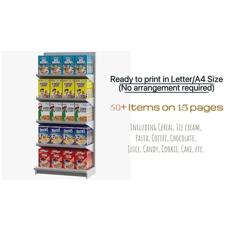 Puede incluir: Un estante de tienda lleno de cajas de cereales, incluyendo Rice Krispies, Coco Pops, Corn Flakes y Frosties. La imagen incluye texto que dice "Ready to print in Letter/A4 Size" y "50+ art&iacute;culos en 15 p&aacute;ginas".