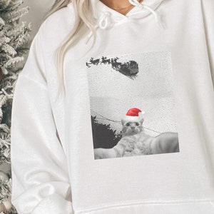 Christmas Cat Hoodie, Paw Prints on Sleeve Wrist, Cat Selfie and Santa&#39;s Sleigh