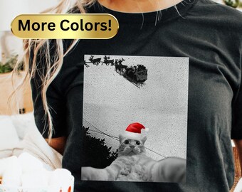 Funny Cat Selfie with Santa's Sleigh Unisex Tee, Cozy Christmas Shirt, Holiday T-Shirt, Cute Cat Lover Gift, Cat Owner Apparel