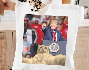 Cat Selfie With Trump Canvas Bag, Funny Political Tote Bag, Cotton Grocery Bag, Gift for Activists, Reusable Bag, Animal Lover