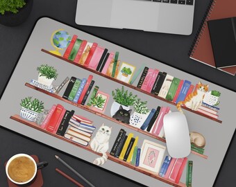 Cats on a Bookshelf Desk Mat, Cat Lover Gift, Bookish Cat Lover, Cat Mouse Pad, Bookish Desk Mat