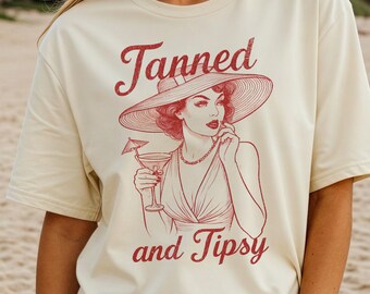 Comfort Colors Tanned and Tipsy T-Shirt: Retro Beach Tee