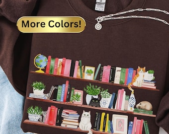 Bookish Cat Lover Cozy Sweatshirt, Bookshelf Kitty Top, Feline Bookworm Jumper, Cute Cat Sweatshirt, Gift for Cat Lovers, Cat Lady Crewneck