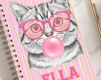 Personalized Cat Bubblegum Notebook, Cute Kitten Journal, Personalized Cat Lover Gift, Hand Drawn Stripes Cat Notebook