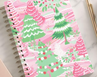 Preppy Christmas Spiral Notebook - Whimsical Holiday Trees, Christmas Trees Journal, Stylish Holiday Notebook, Thank You Gift