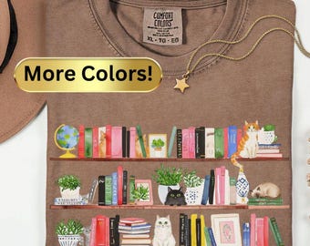Cozy Cat Lover Bookshelf T-Shirt, Book Lover Cat Graphic Tee, Feline Print Shirt, Kitty Bookworm Top, Bookish Cat Gift