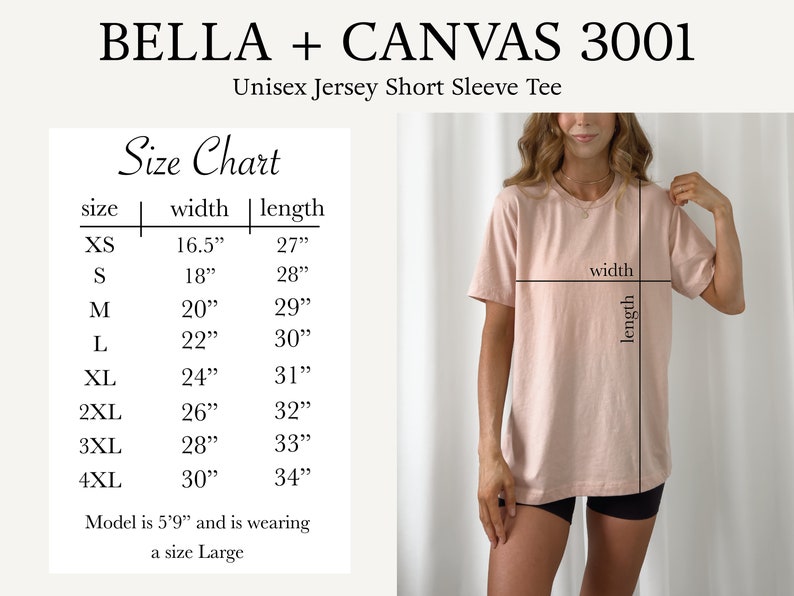 Pu&ograve; includere: Tabella delle taglie per una t-shirt unisex a maniche corte in jersey Bella + Canvas 3001. La tabella mostra le misure di larghezza e lunghezza in pollici per le taglie XS a 4XL. Un modello indossa una taglia Large.