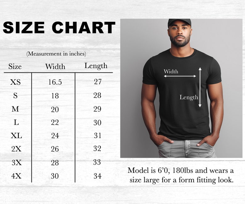 Pu&ograve; includere: Tabella delle taglie per una t-shirt con misure in pollici. La tabella mostra la larghezza e la lunghezza della t-shirt in pollici per le taglie XS a 4X. Il modello &egrave; alto 1,83 m e pesa 82 kg e indossa una taglia L per un look aderente.