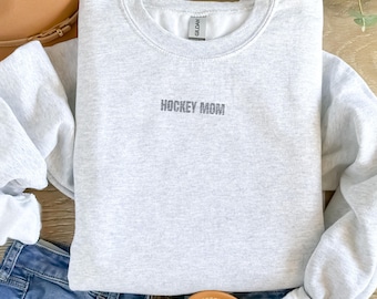 Monochrome Hockey Mom Embroidered Sweatshirt, Gift For Hockey Mom, Crewneck Jumper, Soft Pullover, Sports Mom Gift, Hockey Fan Apparel