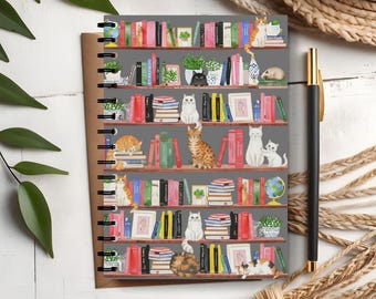 Cats on a Bookshelf Spiral Notebook, Cat Lover Gift, Cute Cat Journal, Bookish Cat Lover Gift