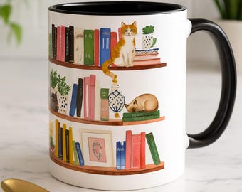 Cozy Cats on Bookshelf Mug, Gift For Cat Lover, Cats and Books, Bookish Cat Gift