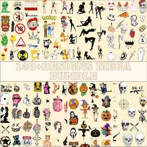 Pode incluir: Uma coleção de mais de 140 designs coloridos e em preto e branco para adesivos, incluindo uma variedade de temas como caveiras, abóboras, alienígenas e personagens de desenhos animados. O texto "140+ DESIGNS MEGA BUNDLE" é exibido no centro da imagem.