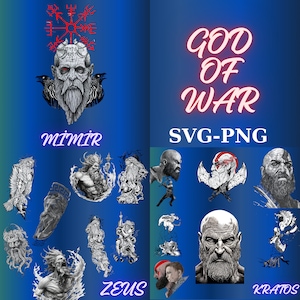 Könnte beinhalten: Ein digitales Illustrationsset von Charakteren aus der God of War Videospielserie. Das Set beinhaltet Kratos, Mimir und Zeus. Die Illustrationen sind in Schwarzweiß gehalten und haben ein stilisiertes, grafisches Design. Der Text "God of War SVG-PNG" wird oben im Bild angezeigt.