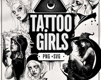 May include: A black and white digital graphic featuring the text TATTOO GIRLS PNG + SVG. The design includes four distinct illustrations of individuals with stylized features, including one with a crown, one with a mask, one in a hooded cloak, and one wearing a witch hat.
