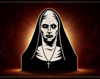 May include: A graphic illustration of a nun wearing a black habit and veil with a white wimple. The figure has pale skin, deep-set eyes with white irises, and a stern expression. A simple cross pendant hangs from a chain around the neck.