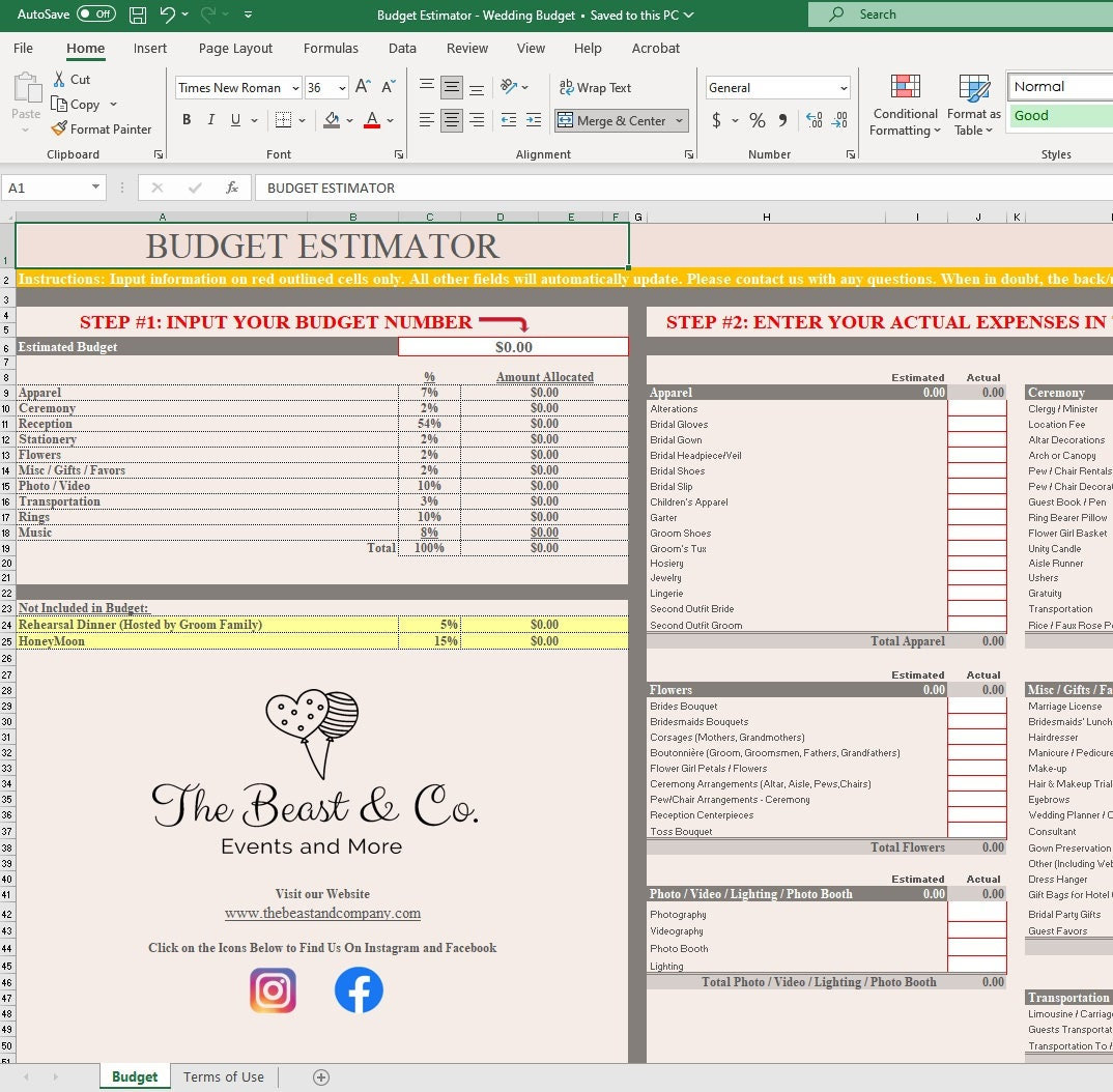 Wedding Budget Estimator - Estimate vs Actual