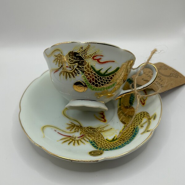 Hand poured luxury soy candle in vintage dragon teacup and saucer- one of a kind!