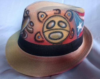 Coqui Taino Puerto Rico Flag | Hand Painted Puertorican Taino Sun Art Fedora Hat