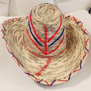 May include: A straw hat with a wide brim and a rounded crown. The crown is decorated with red and blue stitching in a leaf-like pattern. The brim is trimmed with red and purple stitching. A pink string is attached to the crown.