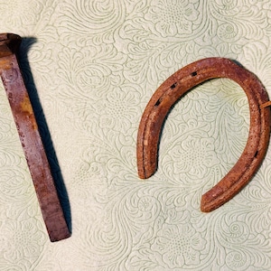 May include: A rusty, weathered railroad spike and horseshoe. The spike is rectangular with a flat head. The horseshoe is curved with nail holes and a nail. Both items have a rustic, aged appearance.