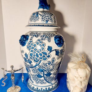 Olokun Sopera Tinaja Vessel Blue and White Olokun Tureen with 4 Heads Lucumi Yoruba Orisha Vessel Olocun Altar shells & Olokun Metal Tools
