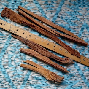 May include: A collection of six brown sticks of palo santo wood, ranging in length from 4 to 15 inches, laid out on a blue and white patterned surface. A ruler is included for scale.