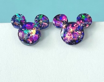 Mickey Stud Earrings: Purple Iridescent Star Glitter