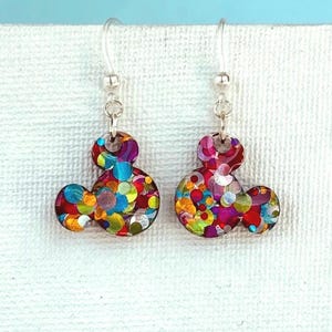 Small Mickey Earrings: Bold Rainbow Dots Holographic Glitter